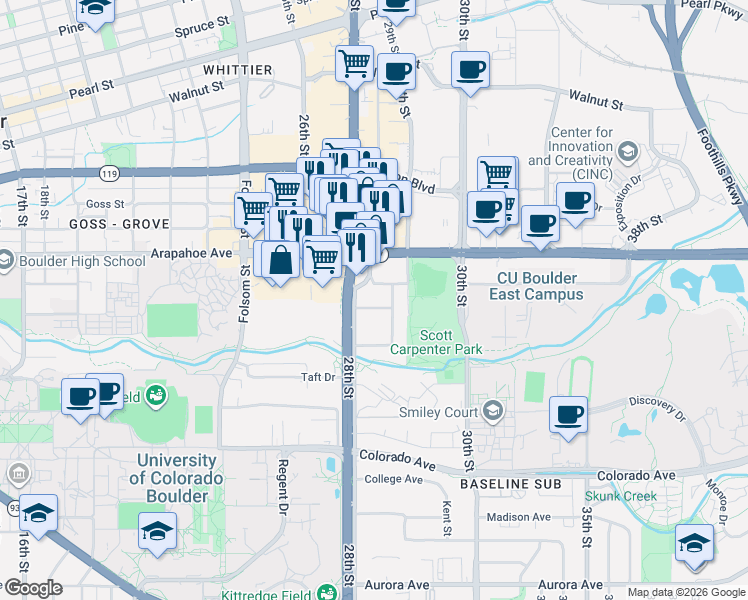 map of restaurants, bars, coffee shops, grocery stores, and more near 1450 28th Street in Boulder