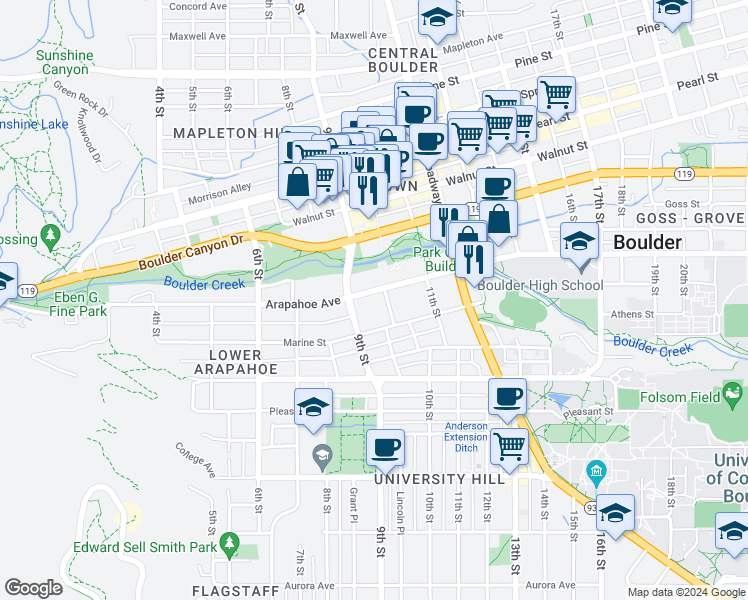 map of restaurants, bars, coffee shops, grocery stores, and more near 1617 Lincoln Place in Boulder