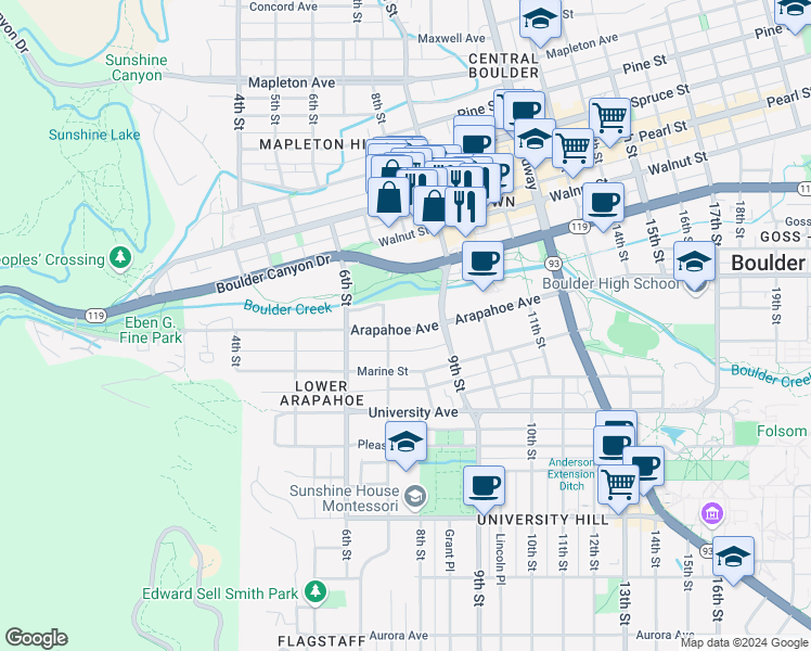 map of restaurants, bars, coffee shops, grocery stores, and more near 716 Arapahoe Avenue in Boulder