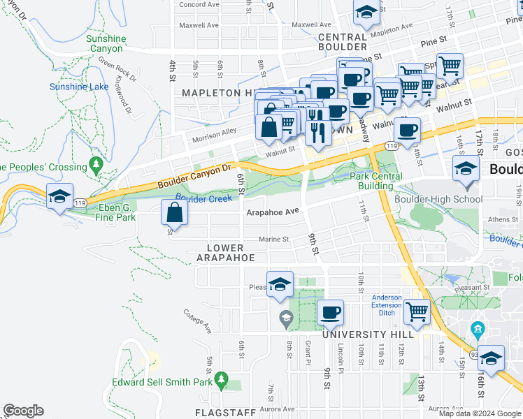 map of restaurants, bars, coffee shops, grocery stores, and more near in Boulder