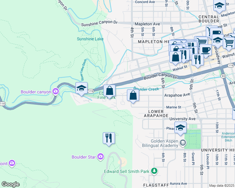 map of restaurants, bars, coffee shops, grocery stores, and more near 272 Arapahoe Avenue in Boulder