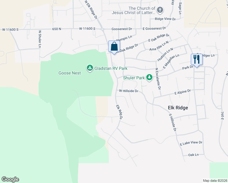 map of restaurants, bars, coffee shops, grocery stores, and more near 26 Elk Ridge Drive in Elk Ridge