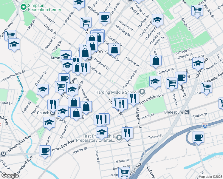 map of restaurants, bars, coffee shops, grocery stores, and more near 1821 Orthodox Street in Philadelphia