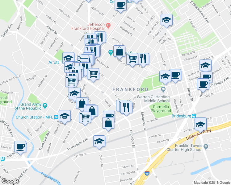 map of restaurants, bars, coffee shops, grocery stores, and more near 1821 Orthodox Street in Philadelphia