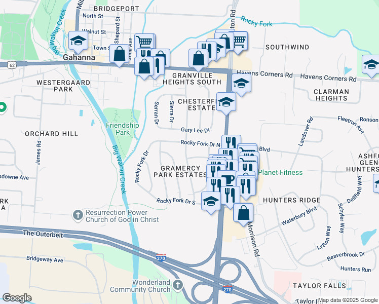 map of restaurants, bars, coffee shops, grocery stores, and more near 267 Flint Ridge Drive in Columbus