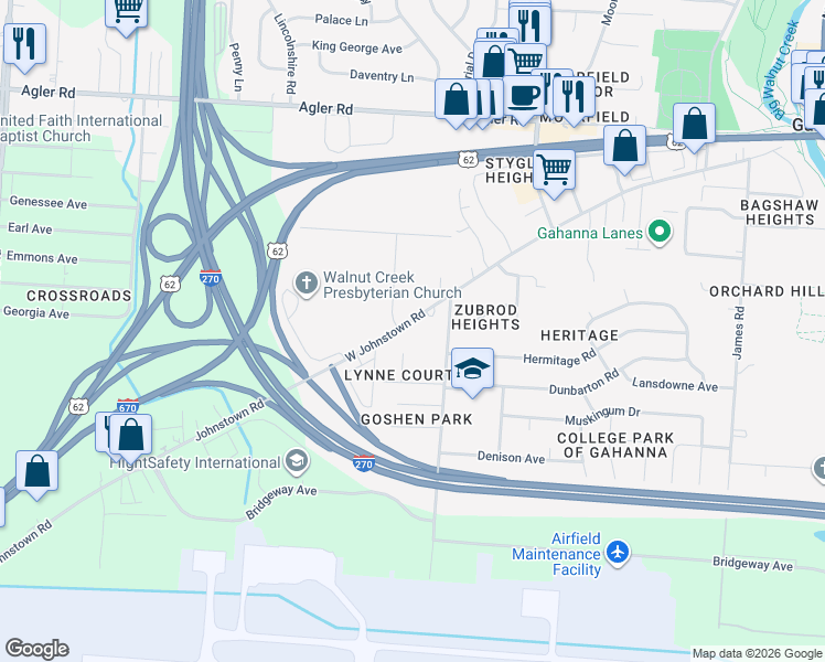 map of restaurants, bars, coffee shops, grocery stores, and more near 321 Diven Court in Columbus