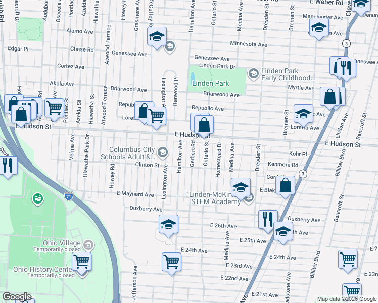 map of restaurants, bars, coffee shops, grocery stores, and more near 2283 Gerbert Road in Columbus