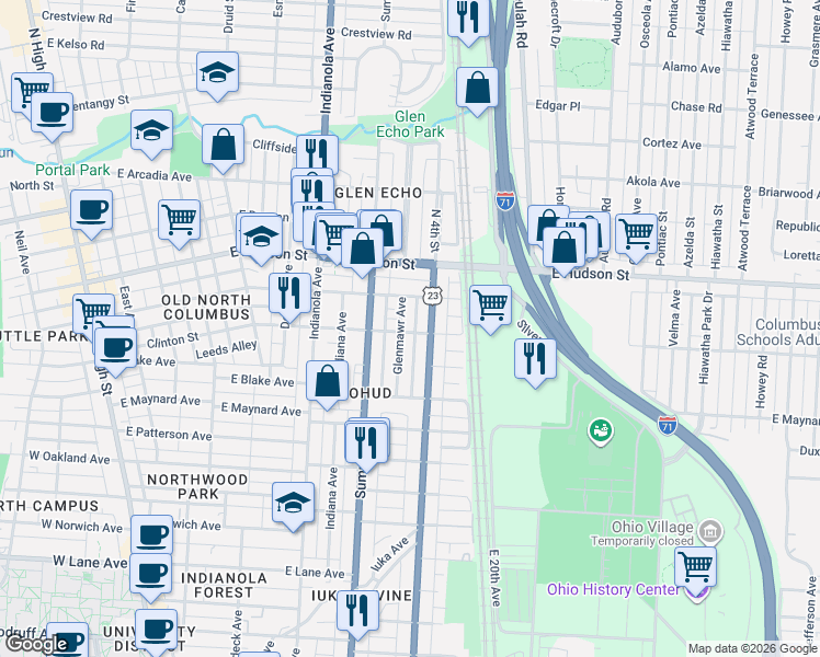 map of restaurants, bars, coffee shops, grocery stores, and more near 2401 North 4th Street in Columbus