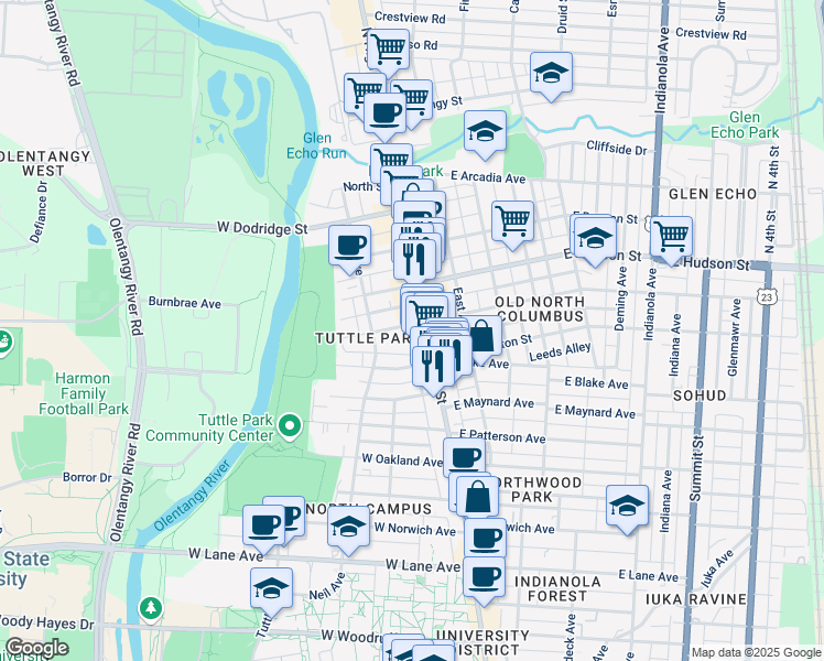 map of restaurants, bars, coffee shops, grocery stores, and more near 2463 North Wall Street in Columbus