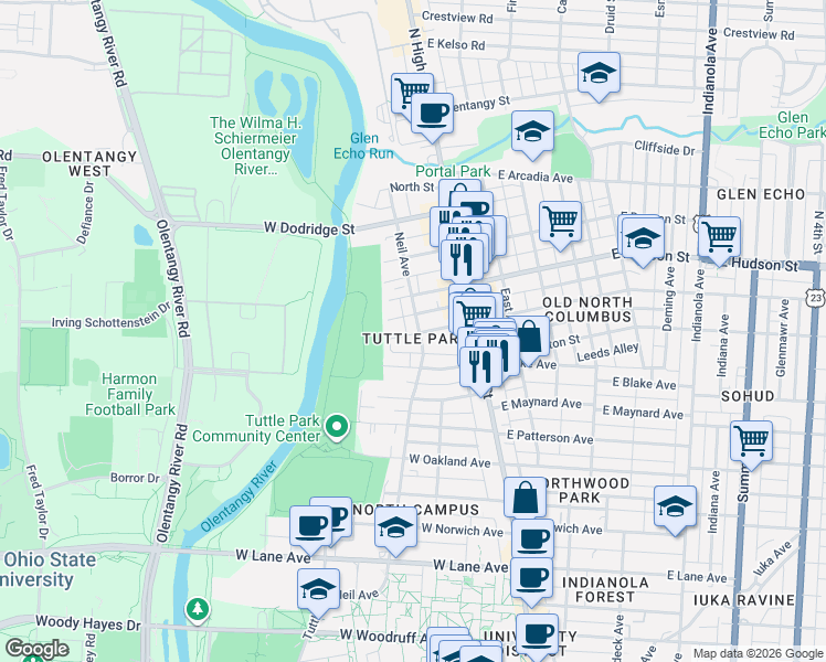 map of restaurants, bars, coffee shops, grocery stores, and more near in Columbus