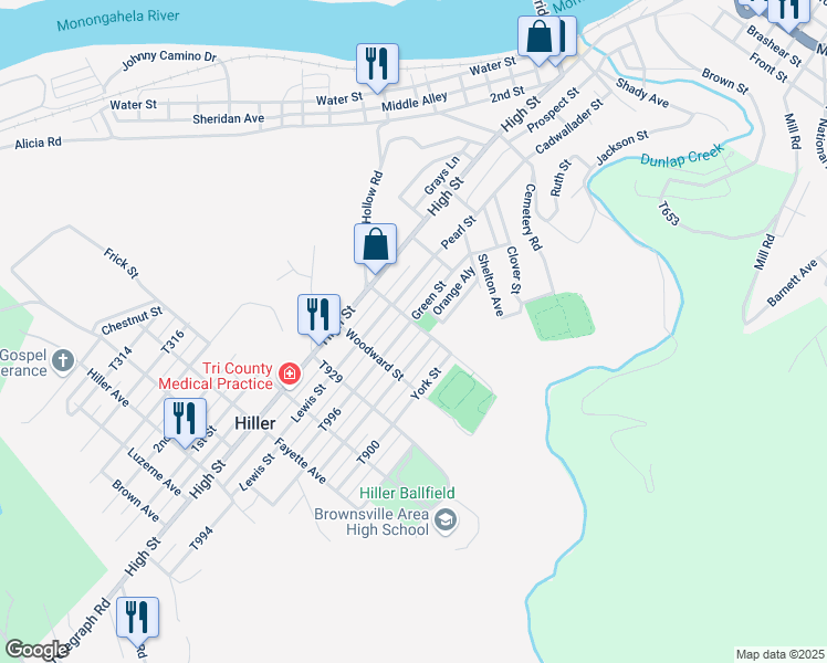 map of restaurants, bars, coffee shops, grocery stores, and more near 615-629 Howard Street in Brownsville