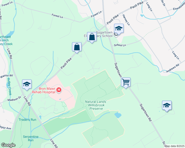 map of restaurants, bars, coffee shops, grocery stores, and more near 8 Woodland Drive in Malvern