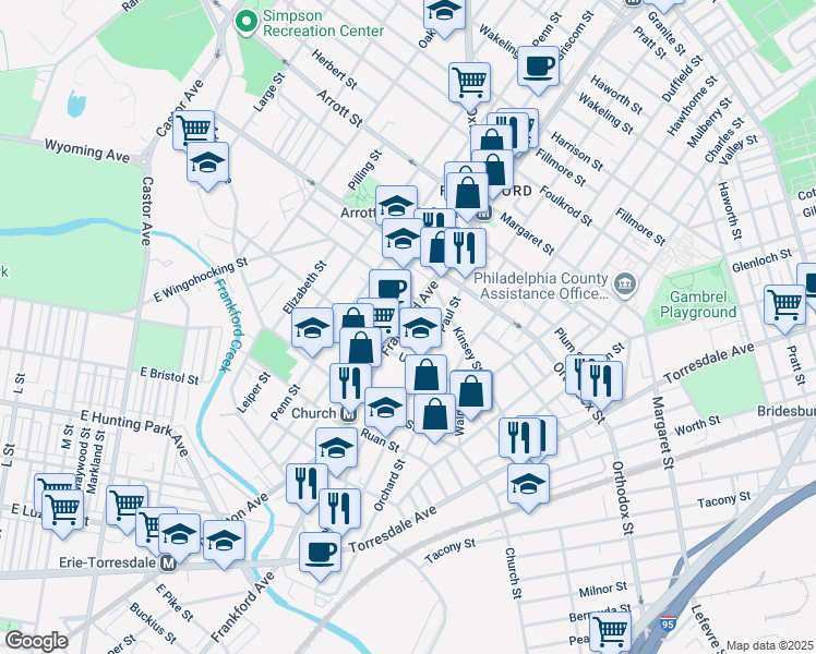 map of restaurants, bars, coffee shops, grocery stores, and more near 4407 Frankford Avenue in Philadelphia
