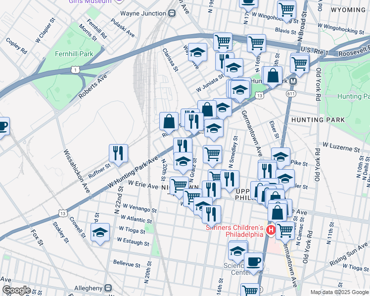 map of restaurants, bars, coffee shops, grocery stores, and more near 3848 North 19th Street in Philadelphia