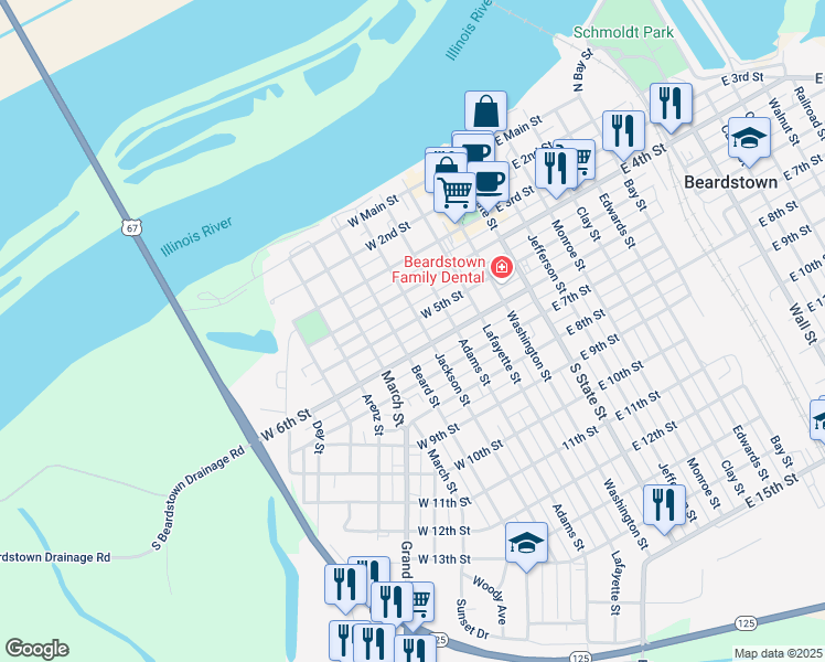 map of restaurants, bars, coffee shops, grocery stores, and more near 512-598 West 6th Street in Beardstown