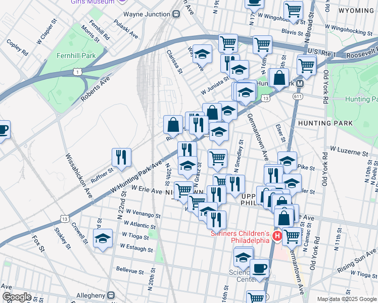 map of restaurants, bars, coffee shops, grocery stores, and more near 3848 North 19th Street in Philadelphia