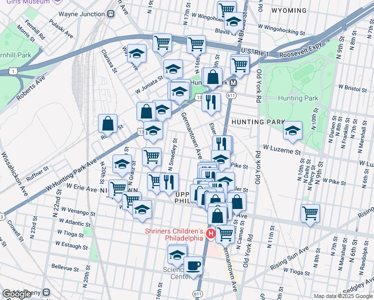 map of restaurants, bars, coffee shops, grocery stores, and more near 1530 Kerbaugh Street in Philadelphia