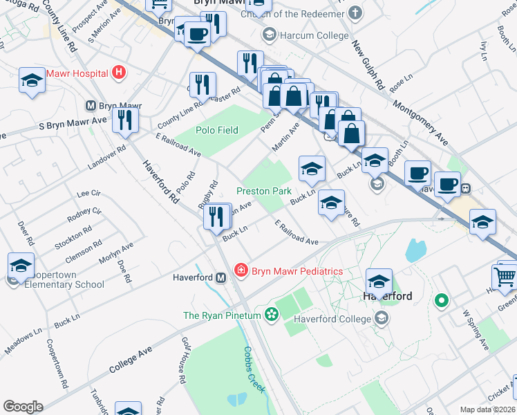 map of restaurants, bars, coffee shops, grocery stores, and more near 738 Buck Lane in Haverford
