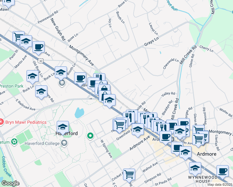 map of restaurants, bars, coffee shops, grocery stores, and more near 5 Dreycott Lane in Haverford