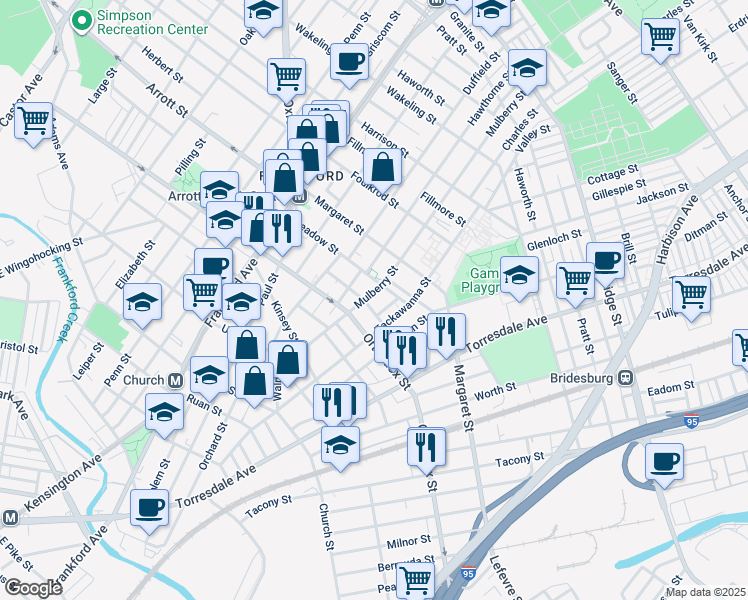 map of restaurants, bars, coffee shops, grocery stores, and more near 4633 Mulberry Street in Philadelphia