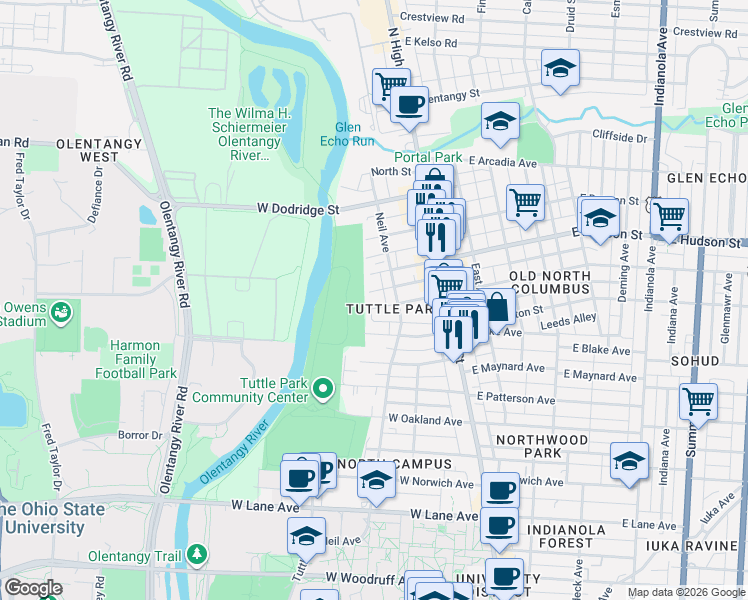 map of restaurants, bars, coffee shops, grocery stores, and more near 140 West Blake Avenue in Columbus
