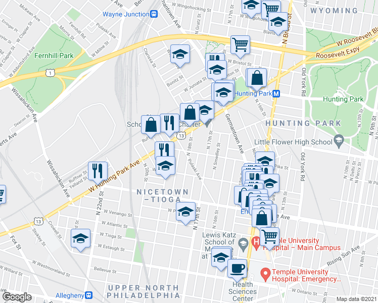 map of restaurants, bars, coffee shops, grocery stores, and more near 3901 North 18th Street in Philadelphia