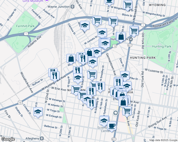 map of restaurants, bars, coffee shops, grocery stores, and more near 3901 North 18th Street in Philadelphia
