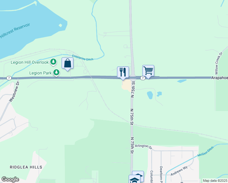 map of restaurants, bars, coffee shops, grocery stores, and more near 1497-1547 North 75th Street in Boulder