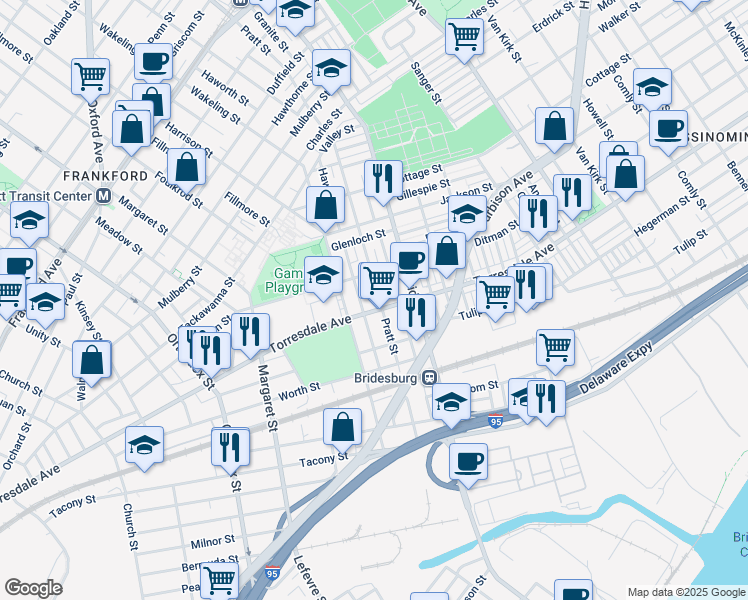 map of restaurants, bars, coffee shops, grocery stores, and more near 2028 Pratt Street in Philadelphia