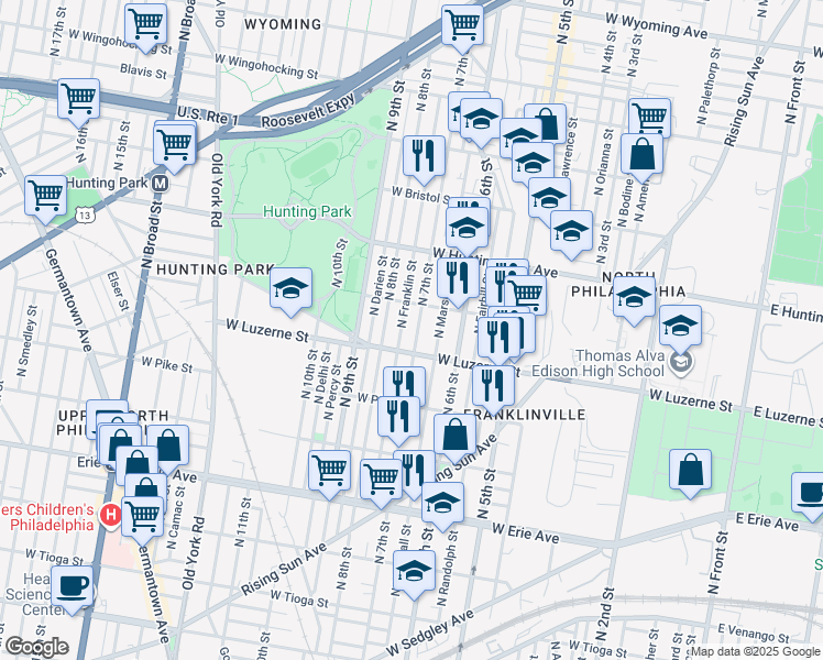 map of restaurants, bars, coffee shops, grocery stores, and more near 4001 North 7th Street in Philadelphia