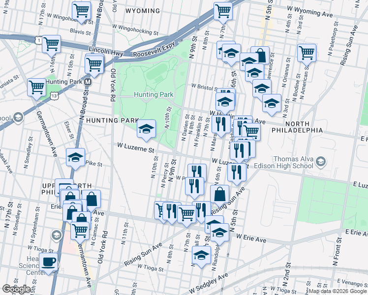 map of restaurants, bars, coffee shops, grocery stores, and more near 3958 North 8th Street in Philadelphia