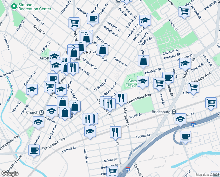 map of restaurants, bars, coffee shops, grocery stores, and more near 1844 Wilmot Street in Philadelphia
