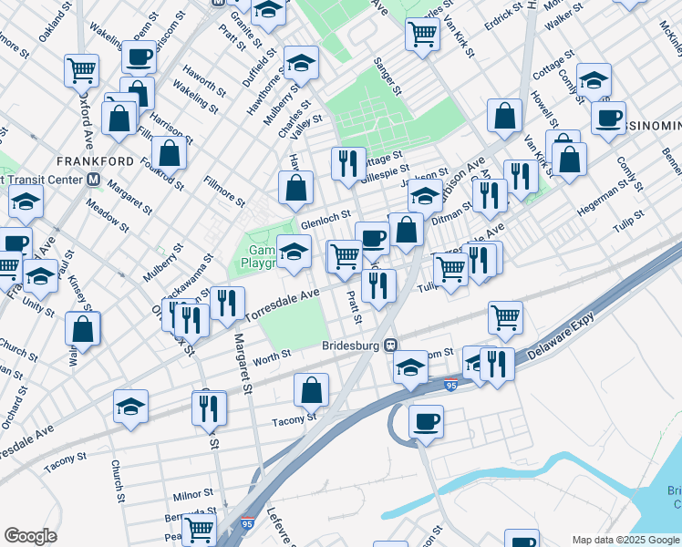 map of restaurants, bars, coffee shops, grocery stores, and more near 2028 Pratt Street in Philadelphia