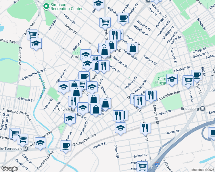map of restaurants, bars, coffee shops, grocery stores, and more near 4532 Hedge Street in Philadelphia