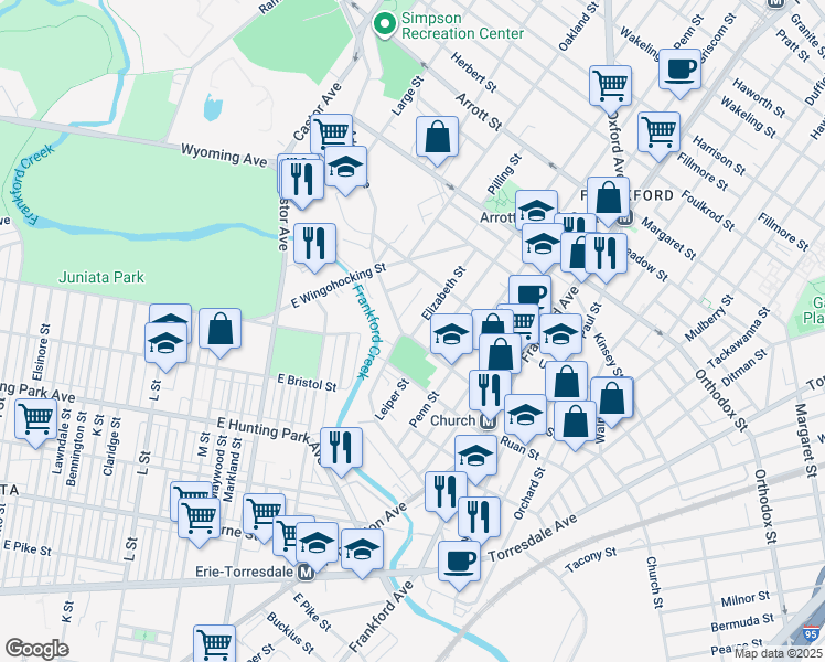 map of restaurants, bars, coffee shops, grocery stores, and more near 1323 Church Street in Philadelphia