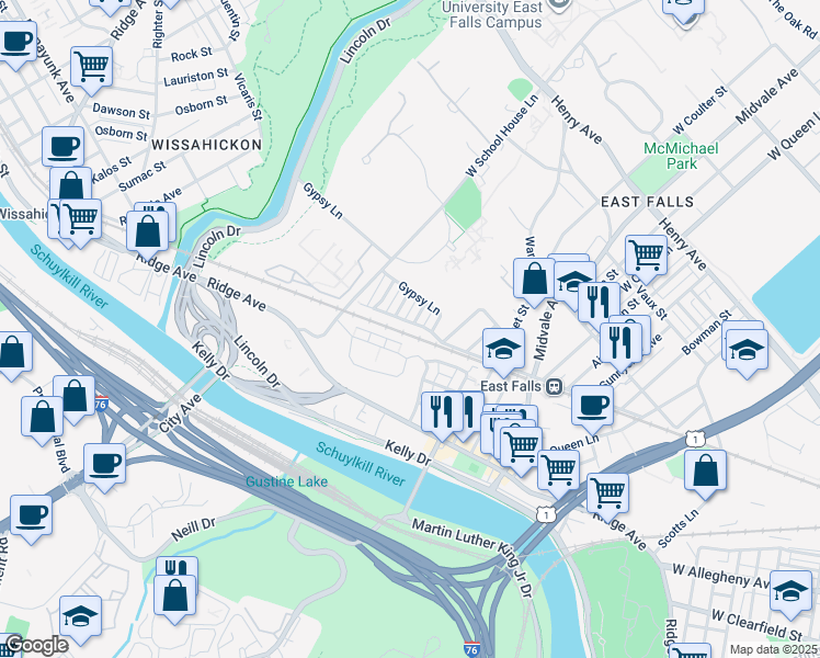 map of restaurants, bars, coffee shops, grocery stores, and more near 3530 Cresson Street in Philadelphia