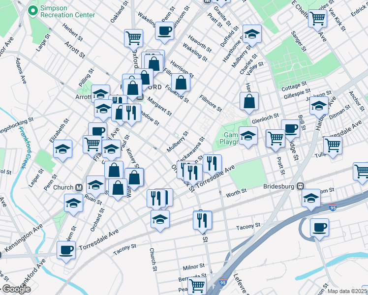 map of restaurants, bars, coffee shops, grocery stores, and more near 4652 Cloud Street in Philadelphia