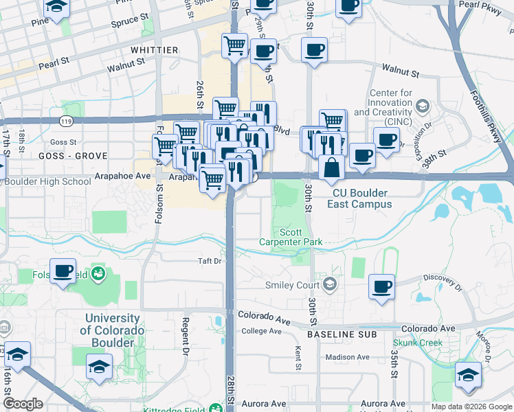 map of restaurants, bars, coffee shops, grocery stores, and more near 2825 Cordry Court in Boulder