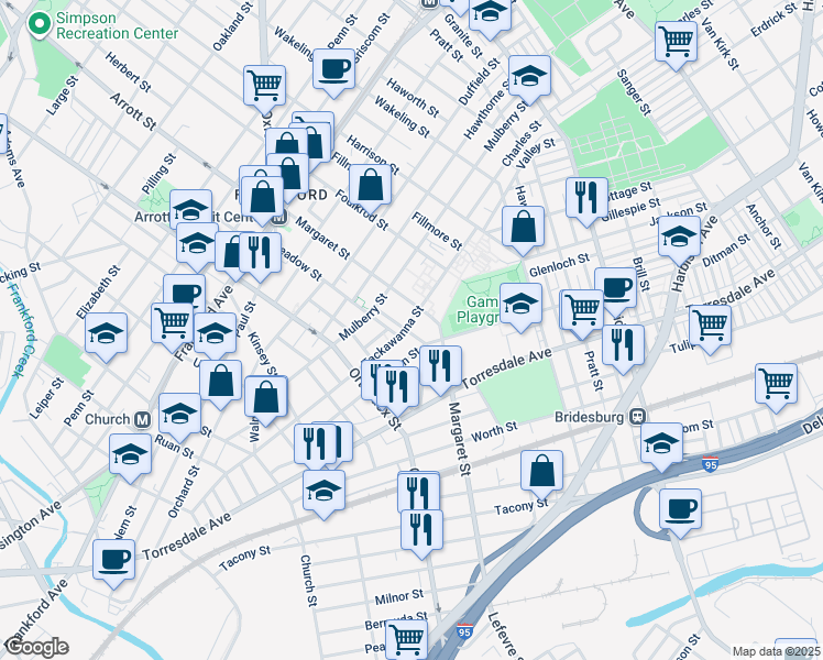 map of restaurants, bars, coffee shops, grocery stores, and more near 4673 Tackawanna Street in Philadelphia