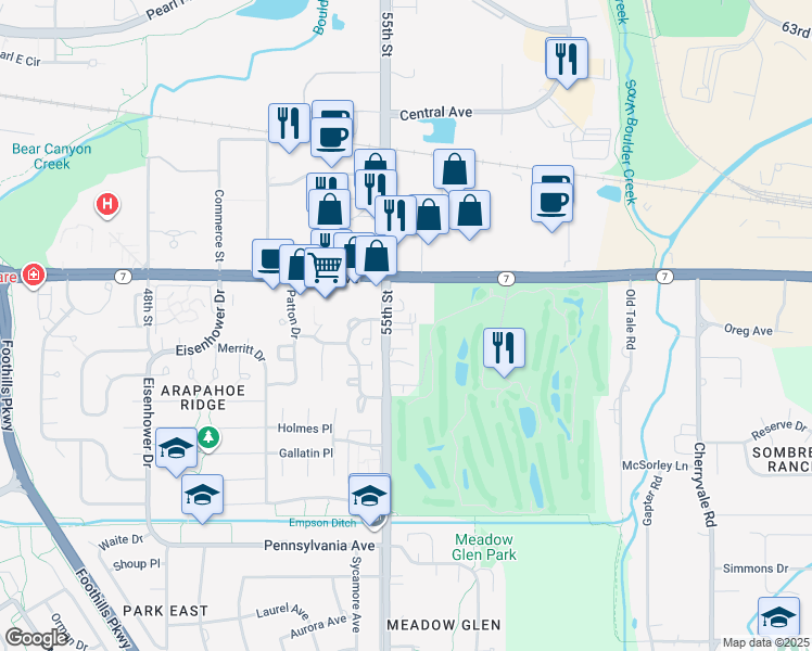 map of restaurants, bars, coffee shops, grocery stores, and more near 1460 55th Street in Boulder
