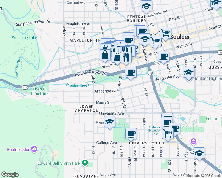 map of restaurants, bars, coffee shops, grocery stores, and more near 716 Arapahoe Avenue in Boulder