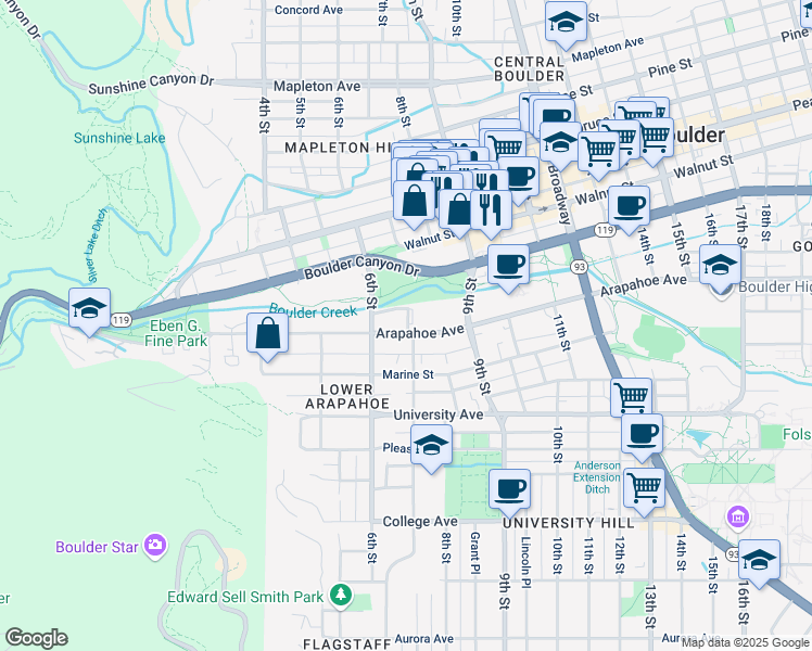 map of restaurants, bars, coffee shops, grocery stores, and more near in Boulder