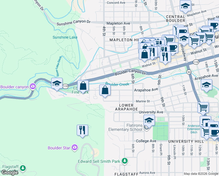map of restaurants, bars, coffee shops, grocery stores, and more near 428 Arapahoe Avenue in Boulder