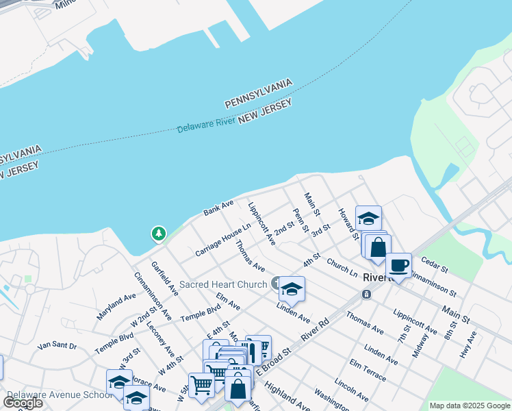 map of restaurants, bars, coffee shops, grocery stores, and more near 101 Lippincott Avenue in Riverton