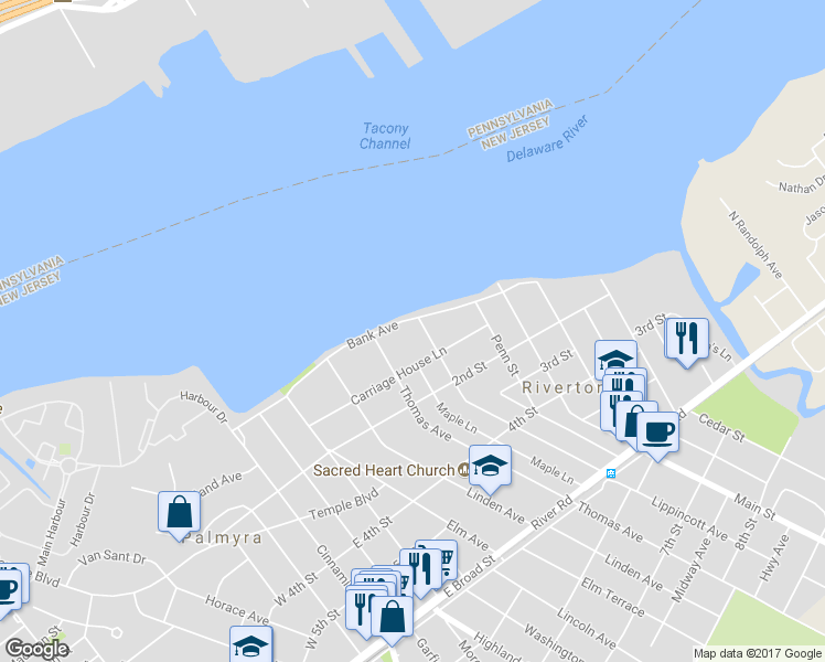 map of restaurants, bars, coffee shops, grocery stores, and more near 206 Carriage House Lane in Riverton