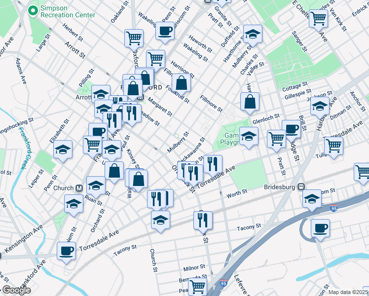 map of restaurants, bars, coffee shops, grocery stores, and more near 4652 Cloud Street in Philadelphia