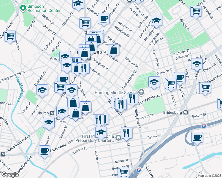 map of restaurants, bars, coffee shops, grocery stores, and more near 1821 Orthodox Street in Philadelphia