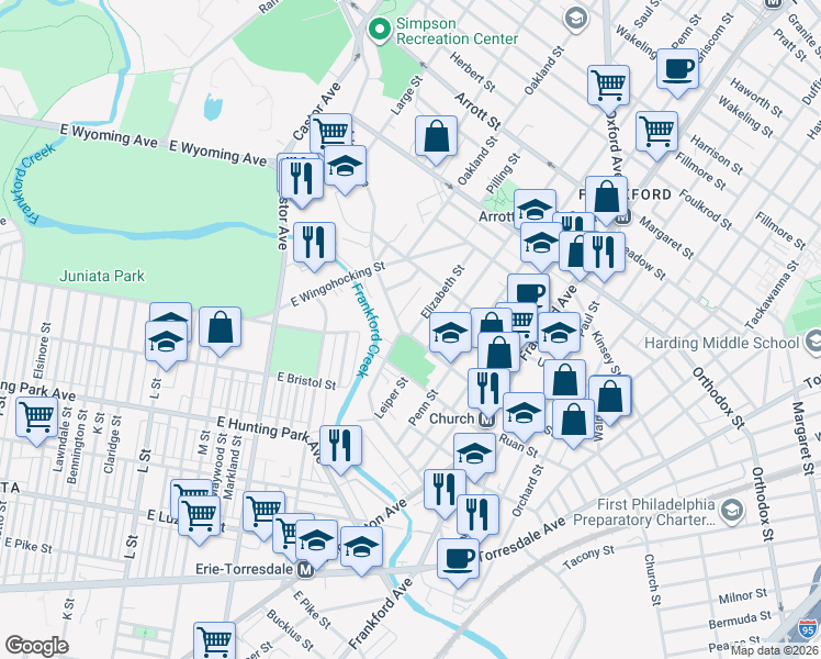 map of restaurants, bars, coffee shops, grocery stores, and more near 1400 Church Street in Philadelphia