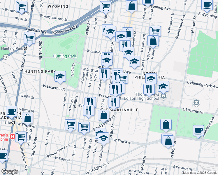 map of restaurants, bars, coffee shops, grocery stores, and more near 4018 North Reese Street in Philadelphia