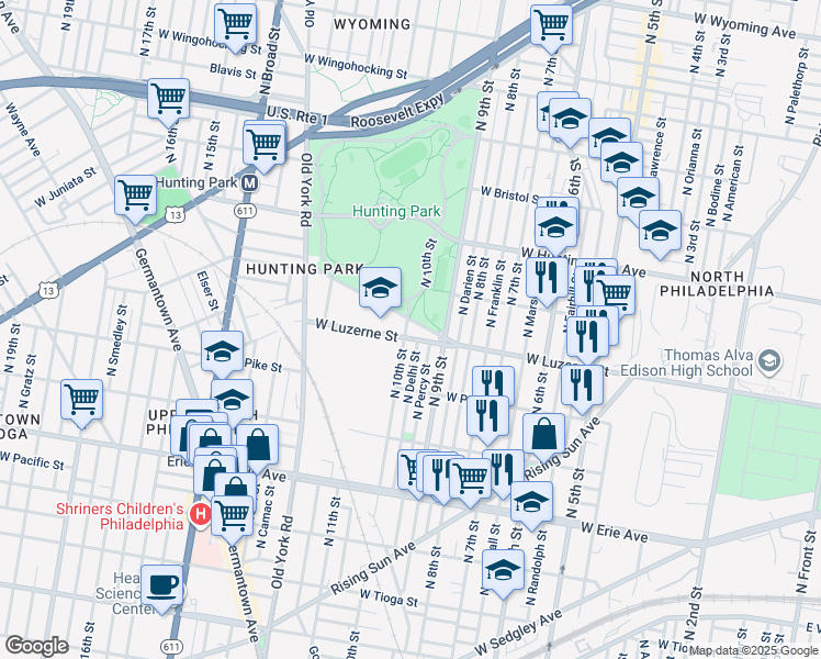 map of restaurants, bars, coffee shops, grocery stores, and more near 3950 North Percy Street in Philadelphia